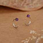 Genuine Amethyst Huggie Hoop Earrings in Sterling Silver, 3mm Natural Purple Amethyst Open Hoops, Pull Through Threaders, C Shape Half Hoops