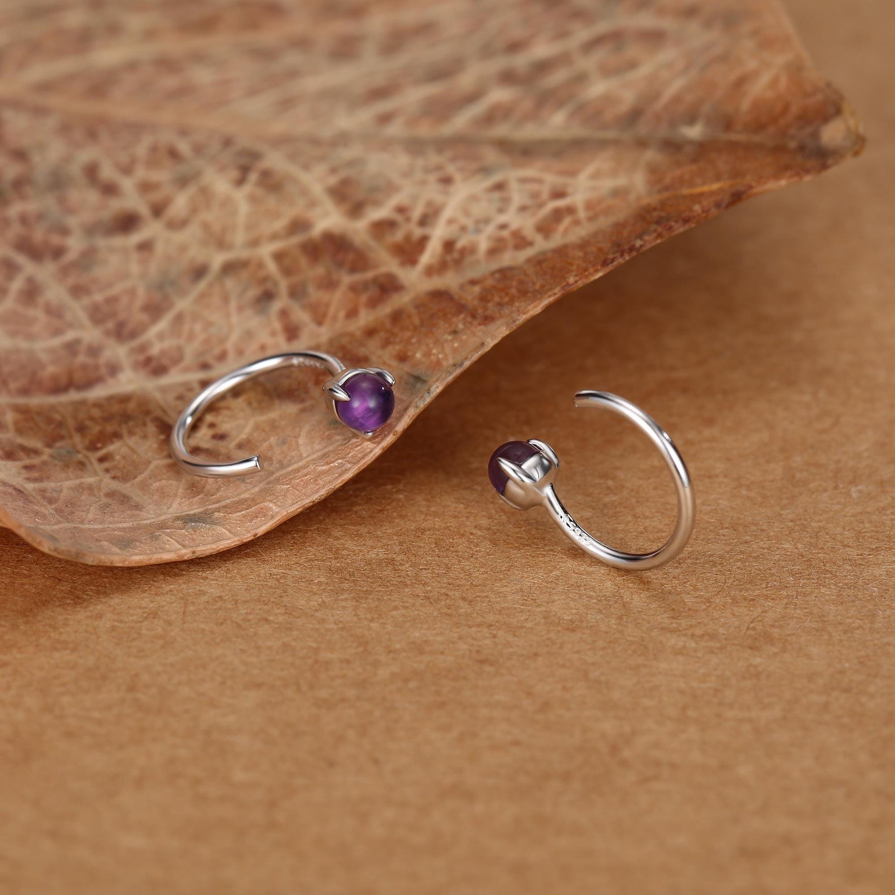 Genuine Amethyst Huggie Hoop Earrings in Sterling Silver, 3mm Natural Purple Amethyst Open Hoops, Pull Through Threaders, C Shape Half Hoops