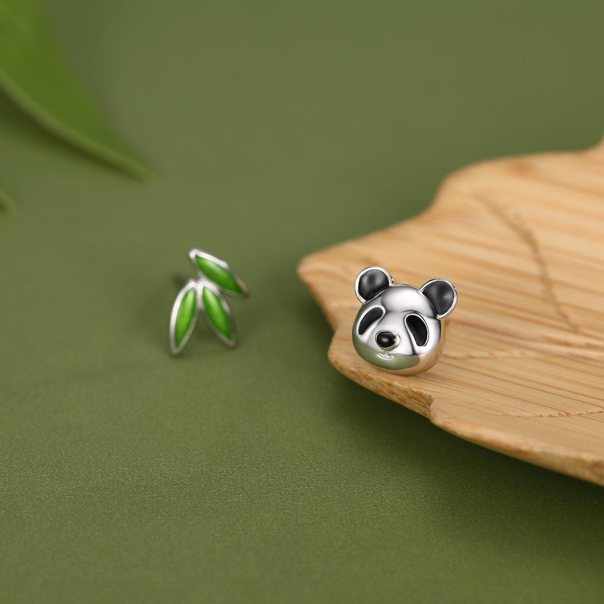 Mismatched Panda and Bamboo Leaf Stud Earrings in Sterling Silver, Asymmetric Panda and Bamboo Leaf Earrings, Nature Inspired