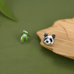 Mismatched Panda and Bamboo Leaf Stud Earrings in Sterling Silver, Asymmetric Panda and Bamboo Leaf Earrings, Nature Inspired