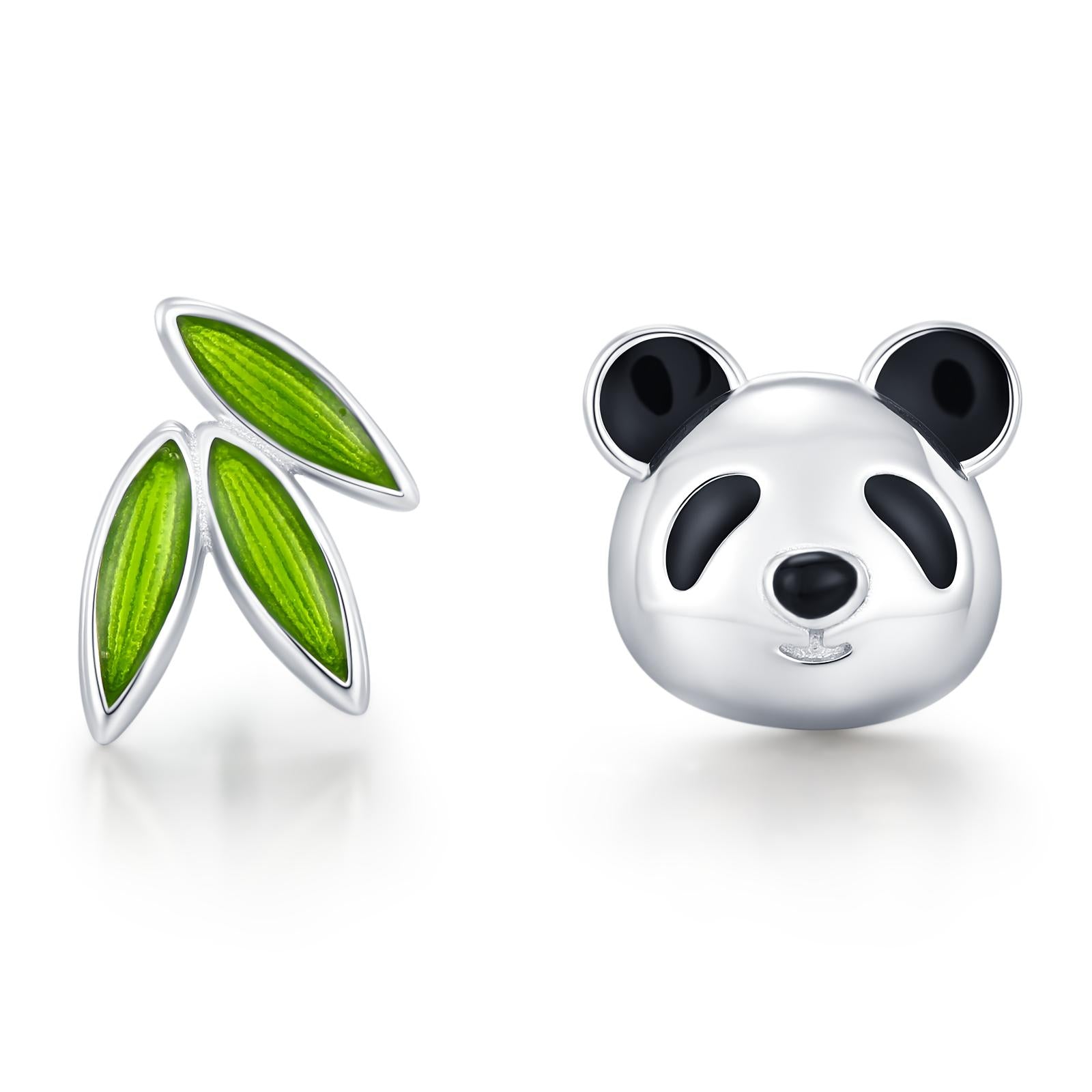 Mismatched Panda and Bamboo Leaf Stud Earrings in Sterling Silver, Asymmetric Panda and Bamboo Leaf Earrings, Nature Inspired