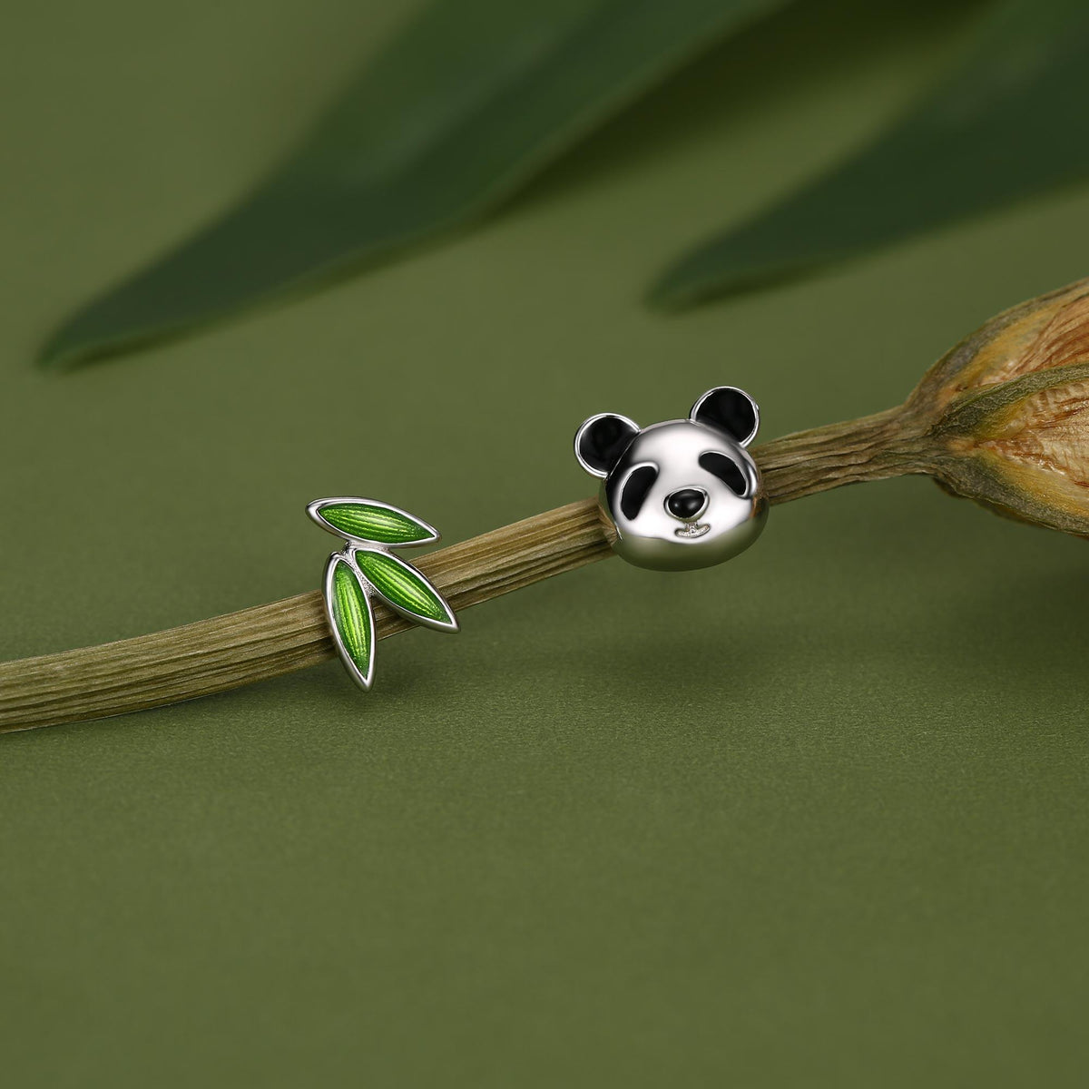 Mismatched Panda and Bamboo Leaf Stud Earrings in Sterling Silver, Asymmetric Panda and Bamboo Leaf Earrings, Nature Inspired