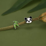 Mismatched Panda and Bamboo Leaf Stud Earrings in Sterling Silver, Asymmetric Panda and Bamboo Leaf Earrings, Nature Inspired