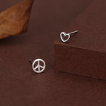 Tiny Mismatched Peace and Love Symbol Stud Earrings in Sterling Silver, Silver, Gold or Rose Gold, Small Asymmetric Heart and Peace Earrings