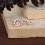 Tiny Mismatched Peace and Love Symbol Stud Earrings in Sterling Silver, Silver, Gold or Rose Gold, Small Asymmetric Heart and Peace Earrings