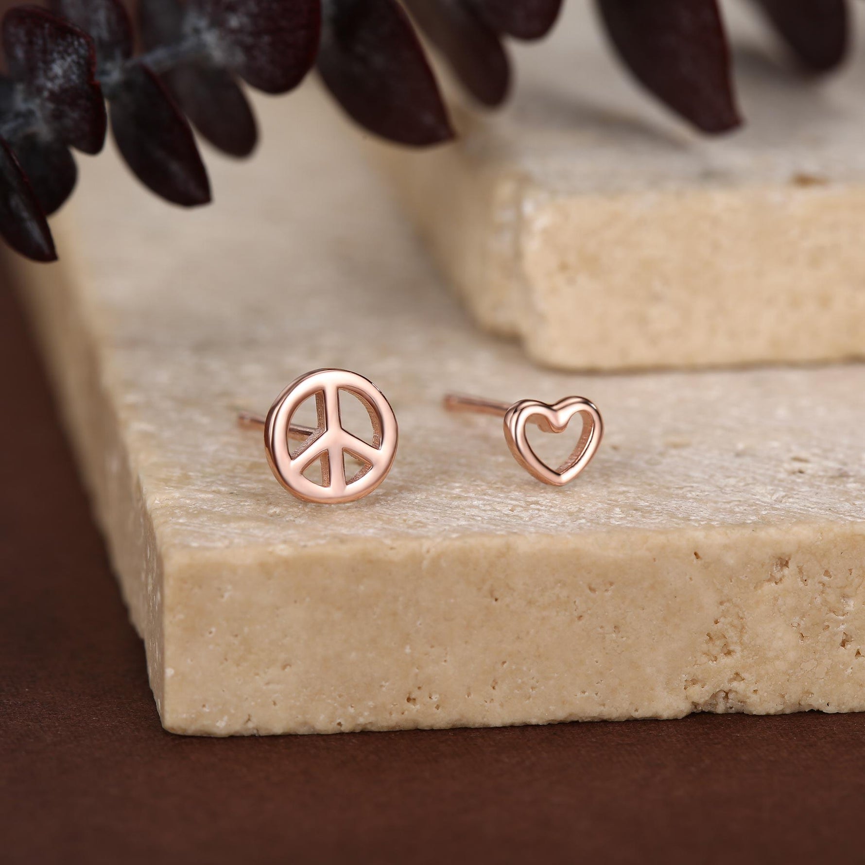 Tiny Mismatched Peace and Love Symbol Stud Earrings in Sterling Silver, Silver, Gold or Rose Gold, Small Asymmetric Heart and Peace Earrings