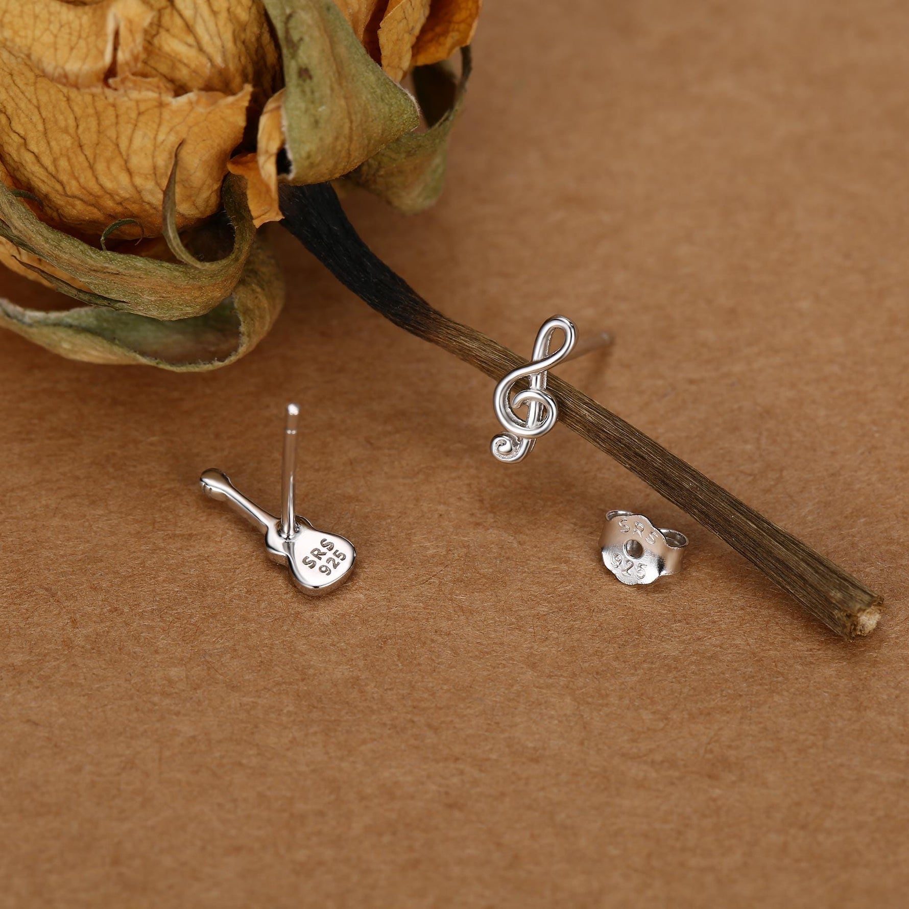 Mismatched Guitar and Music Note Stud Earrings in Sterling Silver, Asymmetric Guitar and Music Earrings