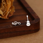 Mismatched Guitar and Music Note Stud Earrings in Sterling Silver, Asymmetric Guitar and Music Earrings