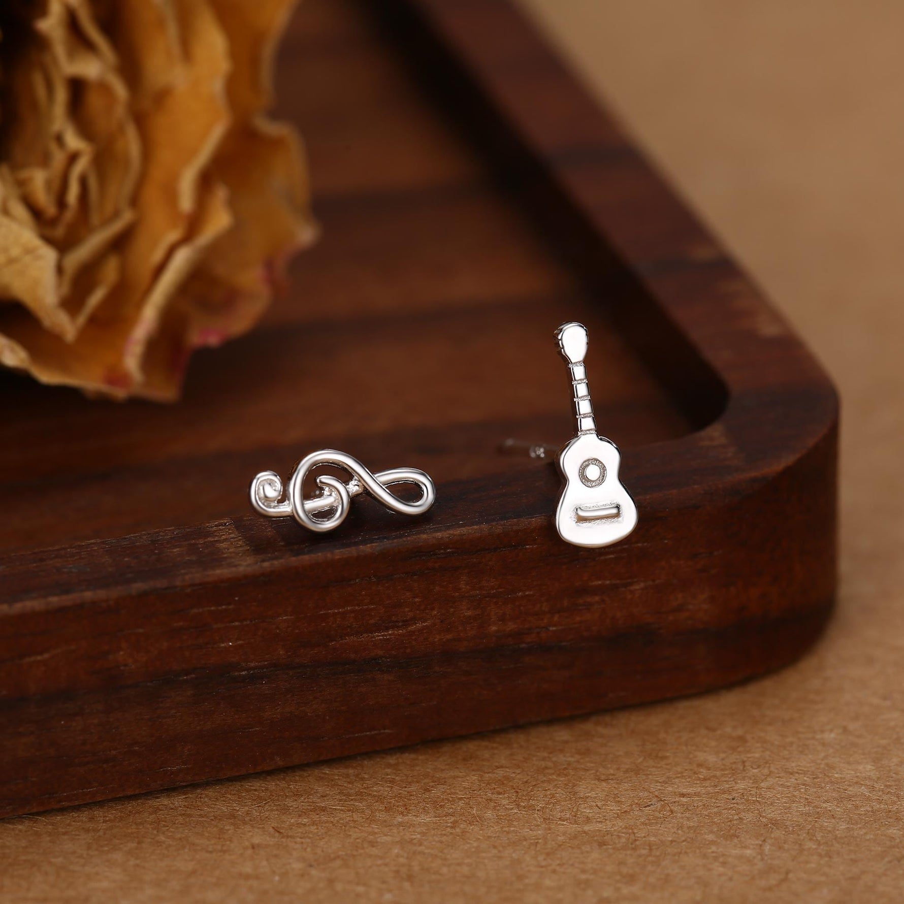 Mismatched Guitar and Music Note Stud Earrings in Sterling Silver, Asymmetric Guitar and Music Earrings