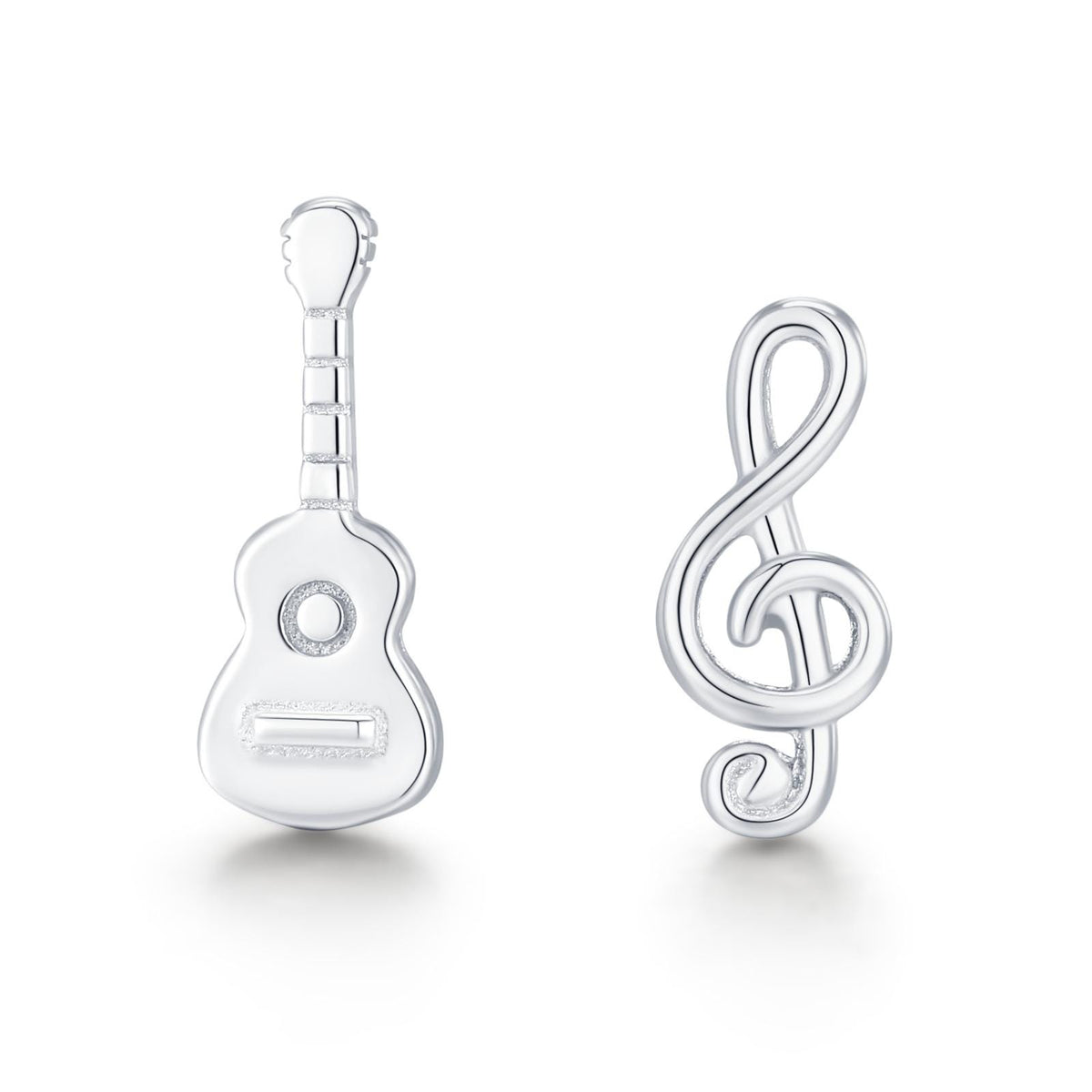 Mismatched Guitar and Music Note Stud Earrings in Sterling Silver, Asymmetric Guitar and Music Earrings