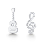 Mismatched Guitar and Music Note Stud Earrings in Sterling Silver, Asymmetric Guitar and Music Earrings
