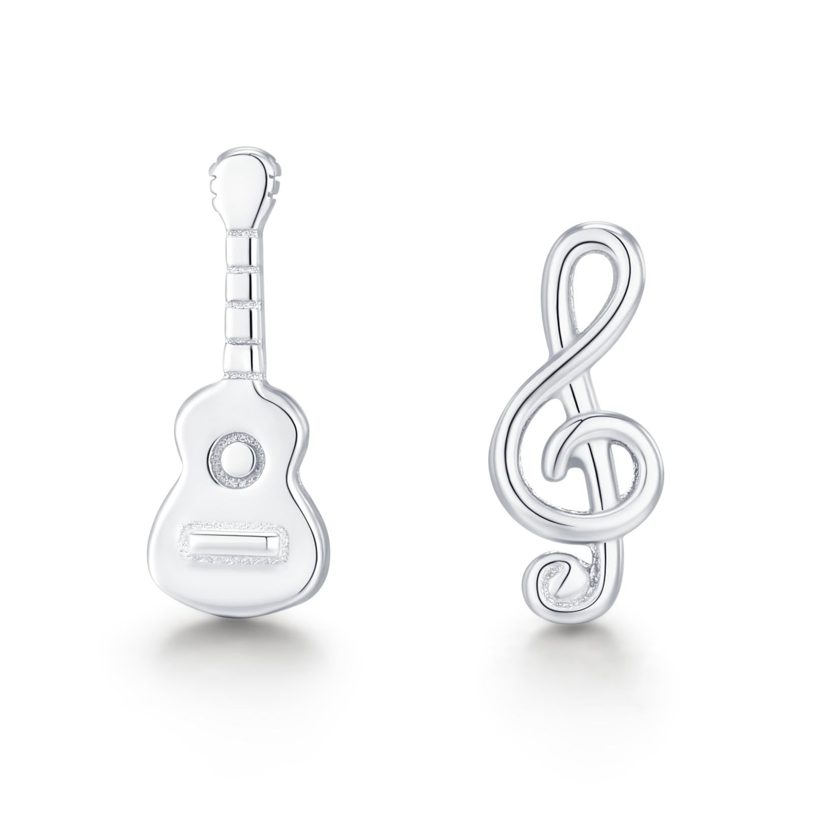 Mismatched Guitar and Music Note Stud Earrings in Sterling Silver, Asymmetric Guitar and Music Earrings
