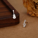 Mismatched Guitar and Music Note Stud Earrings in Sterling Silver, Asymmetric Guitar and Music Earrings