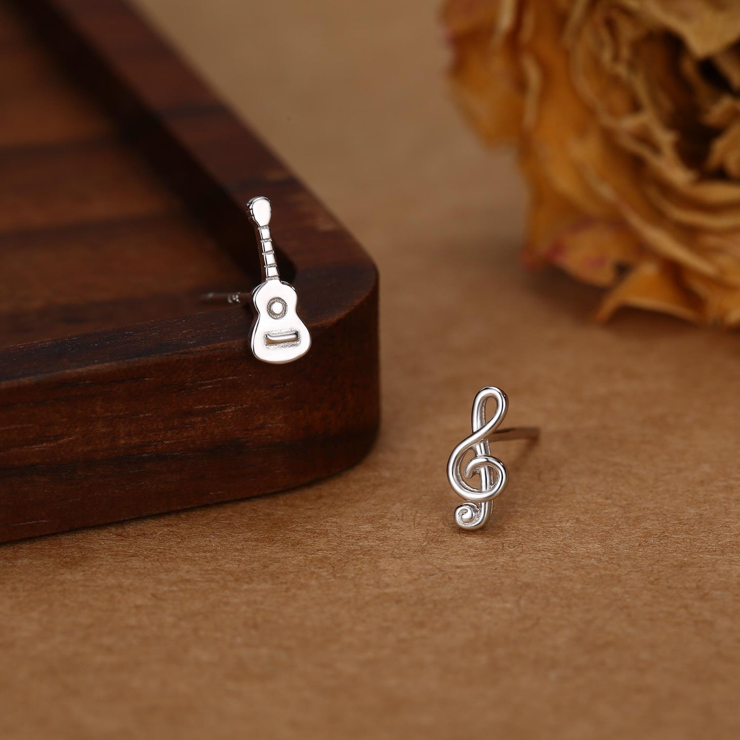 Mismatched Guitar and Music Note Stud Earrings in Sterling Silver, Asymmetric Guitar and Music Earrings