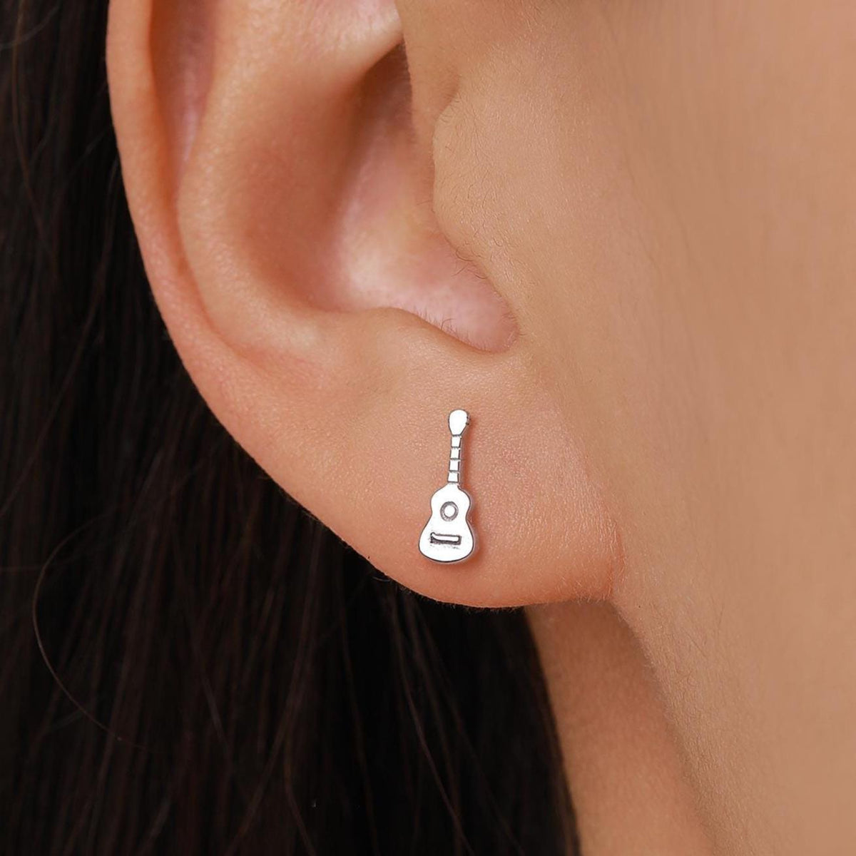 Tiny Acoustic Guitar Stud Earrings in Sterling Silver, Silver or Gold, Music Earrings