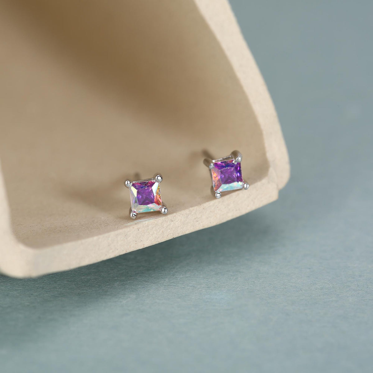 Princess Cut AB Aurora Square Crystal Stud Earrings in Sterling Silver