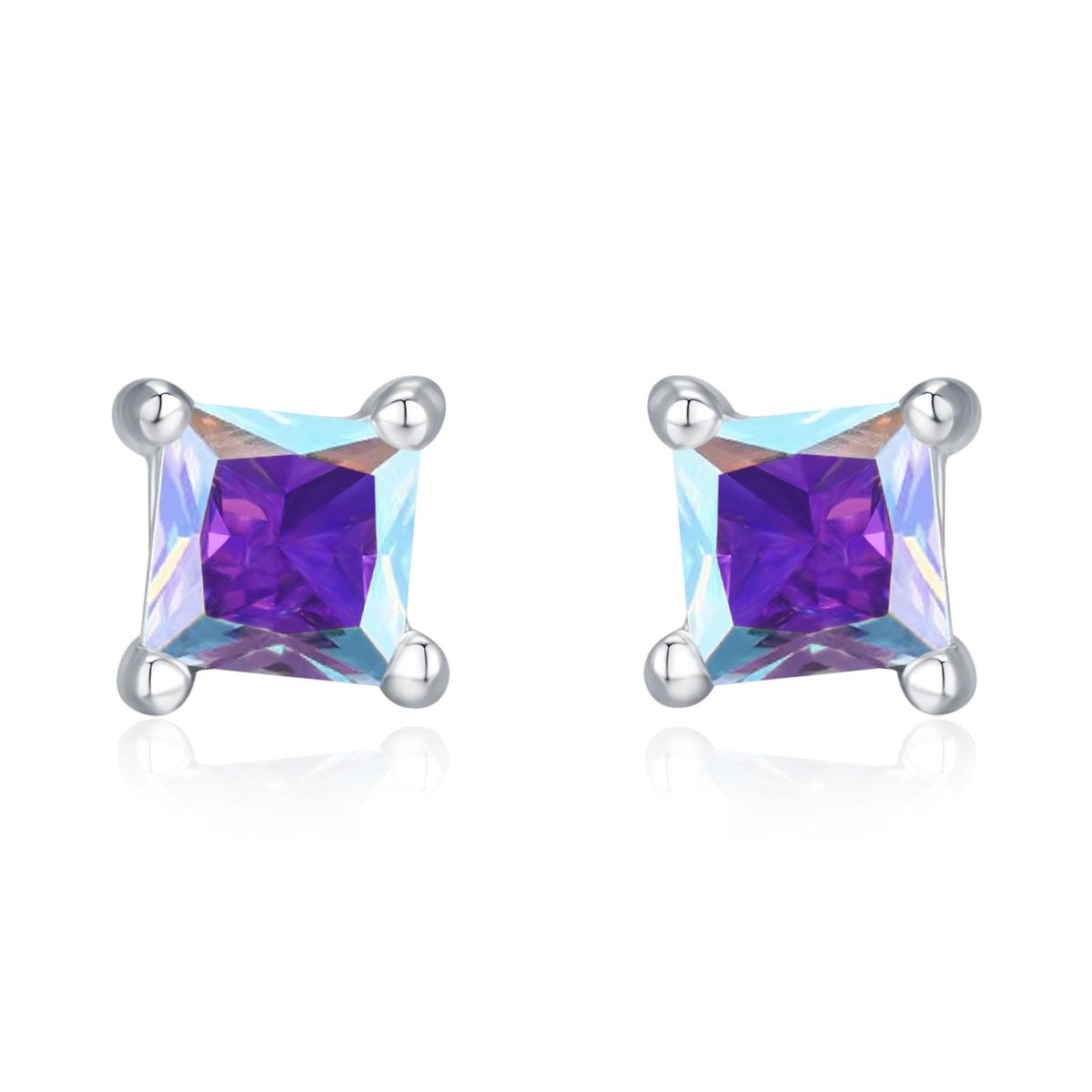 Princess Cut AB Aurora Square Crystal Stud Earrings in Sterling Silver