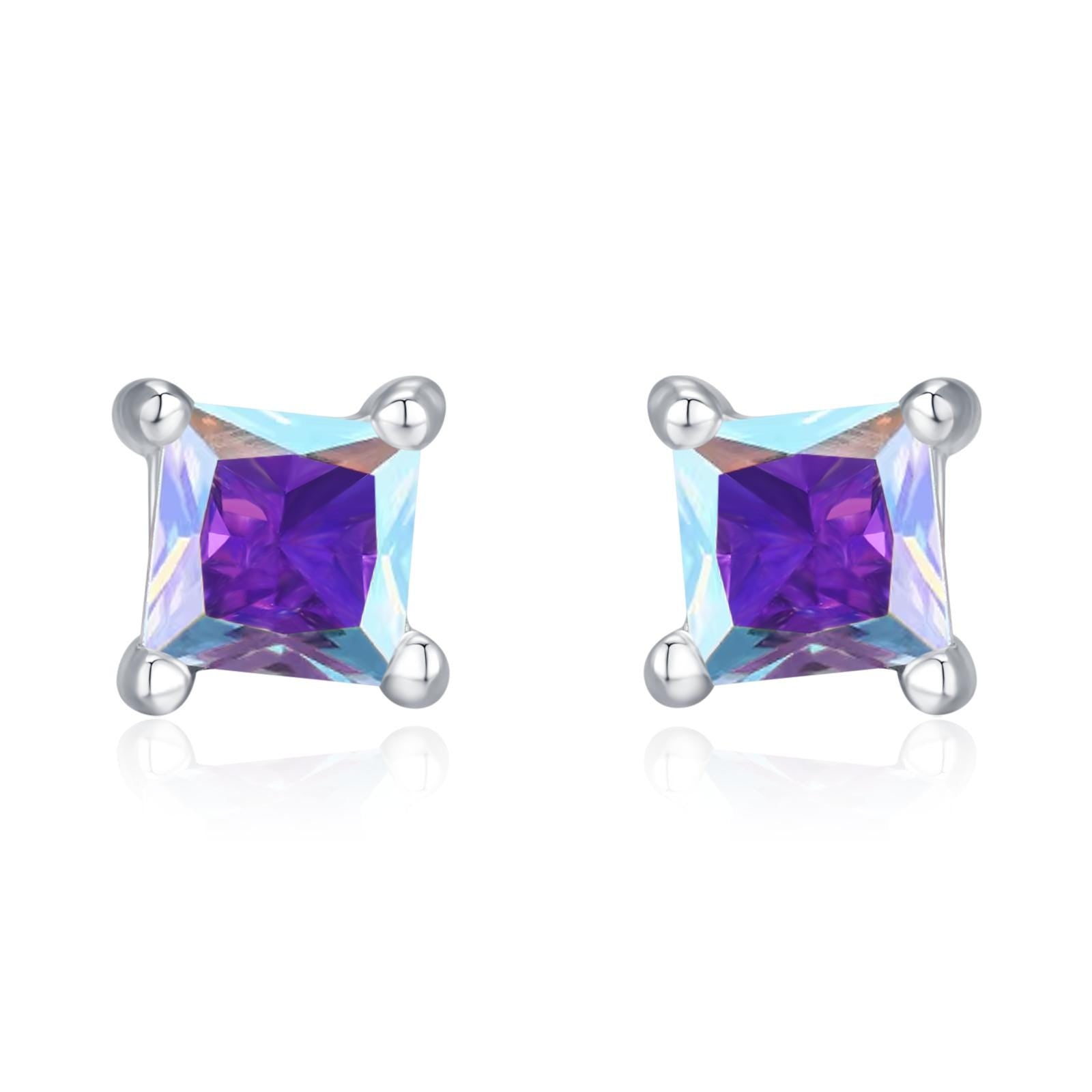 Princess Cut AB Aurora Square Crystal Stud Earrings in Sterling Silver