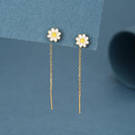 Enamel Daisy Chain Threader Earrings in Sterling Silver, Daisy Flower with a Pull Through Dangle Chain Earrings, Flower Chain Earrings