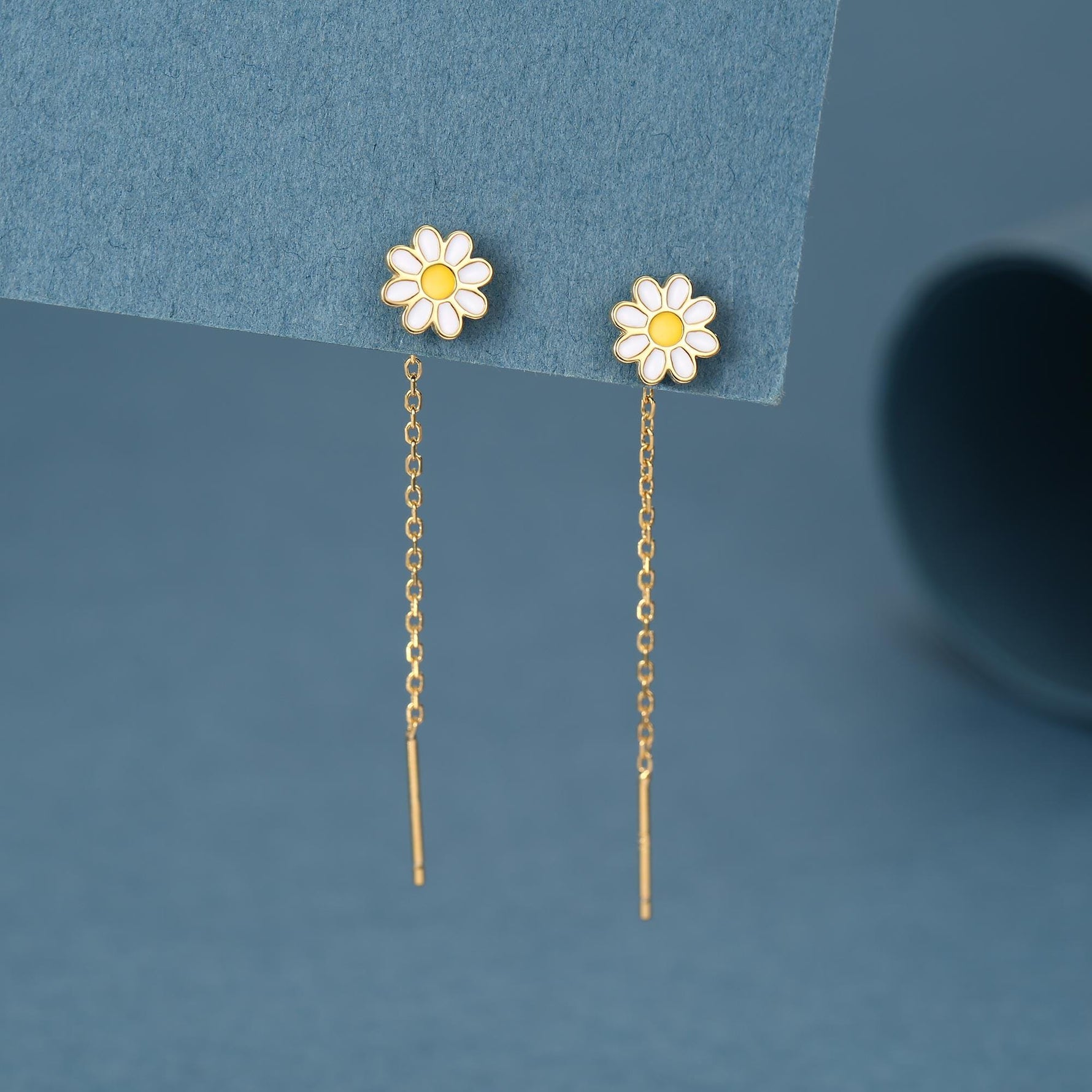 Enamel Daisy Chain Threader Earrings in Sterling Silver, Daisy Flower with a Pull Through Dangle Chain Earrings, Flower Chain Earrings