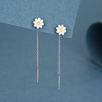 Enamel Daisy Chain Threader Earrings in Sterling Silver, Daisy Flower with a Pull Through Dangle Chain Earrings, Flower Chain Earrings