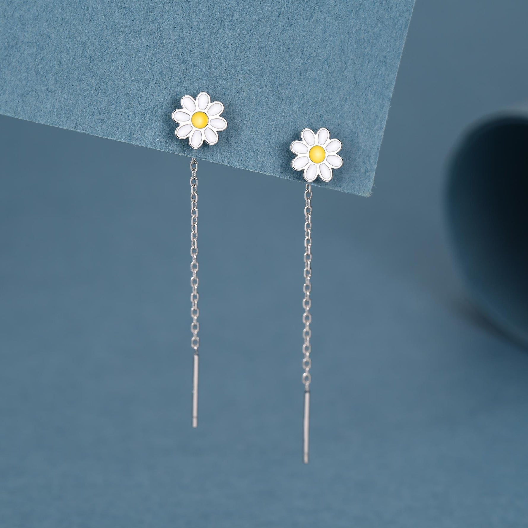 Enamel Daisy Chain Threader Earrings in Sterling Silver, Daisy Flower with a Pull Through Dangle Chain Earrings, Flower Chain Earrings