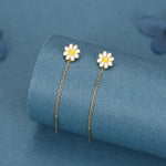 Enamel Daisy Chain Threader Earrings in Sterling Silver, Daisy Flower with a Pull Through Dangle Chain Earrings, Flower Chain Earrings