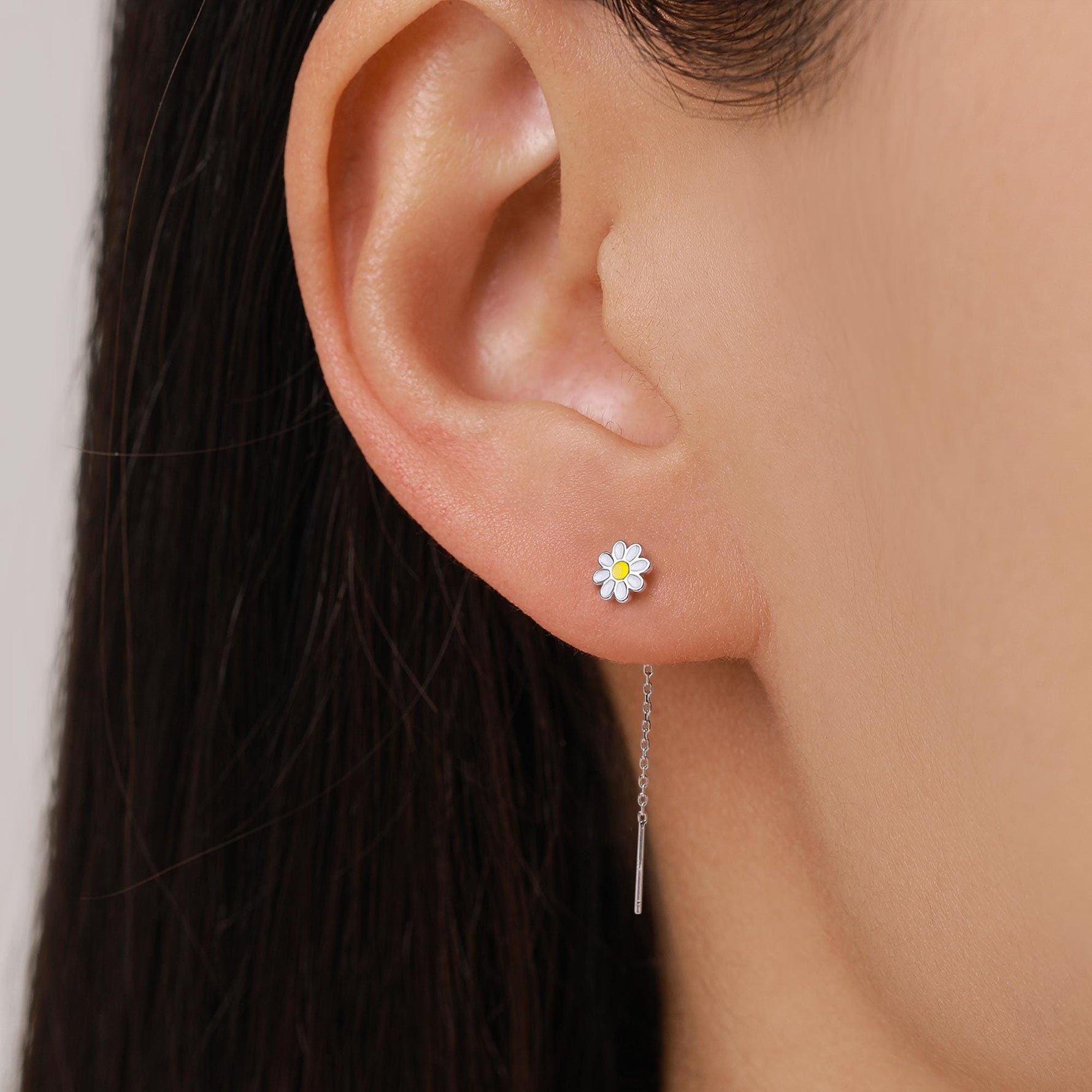 Enamel Daisy Chain Threader Earrings in Sterling Silver, Daisy Flower with a Pull Through Dangle Chain Earrings, Flower Chain Earrings