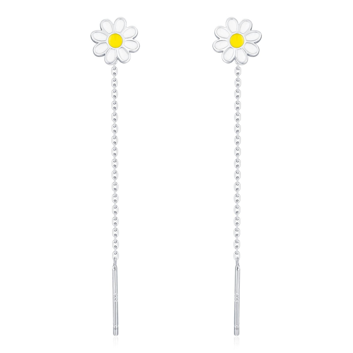 Enamel Daisy Chain Threader Earrings in Sterling Silver, Daisy Flower with a Pull Through Dangle Chain Earrings, Flower Chain Earrings