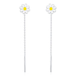 Enamel Daisy Chain Threader Earrings in Sterling Silver, Daisy Flower with a Pull Through Dangle Chain Earrings, Flower Chain Earrings