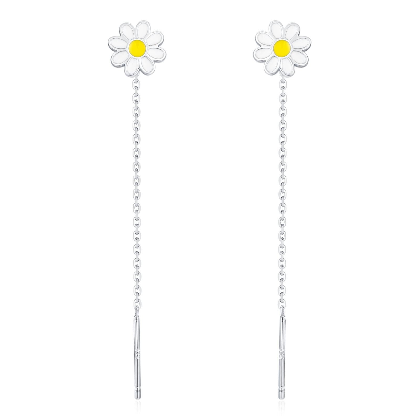 Enamel Daisy Chain Threader Earrings in Sterling Silver, Daisy Flower with a Pull Through Dangle Chain Earrings, Flower Chain Earrings