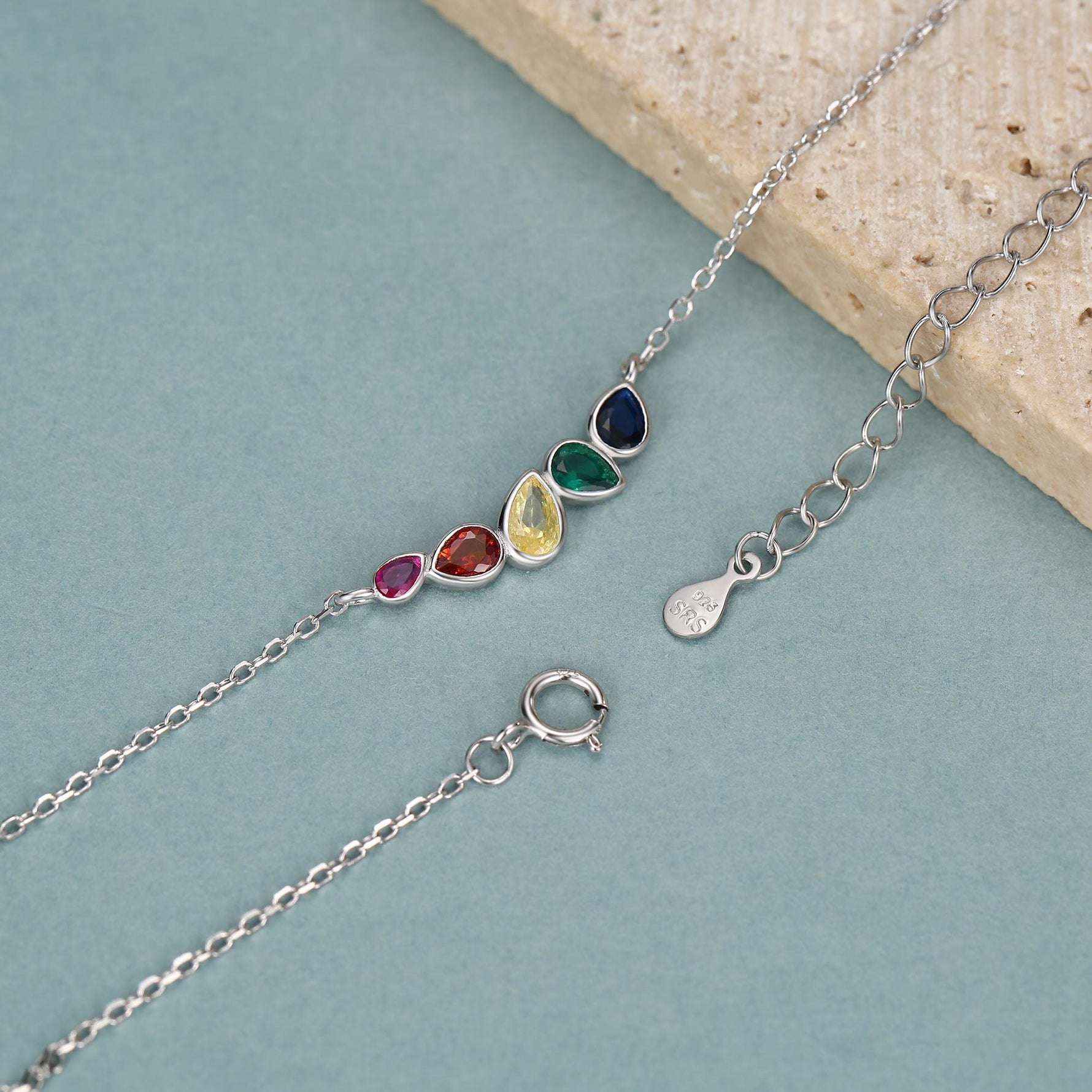 Rainbow Droplet Cluster Pendant Necklace in Sterling Silver, Silver or Gold, Silver Rainbow CZ Pear Cut Necklace, Rainbow CZ Cluster Pendant