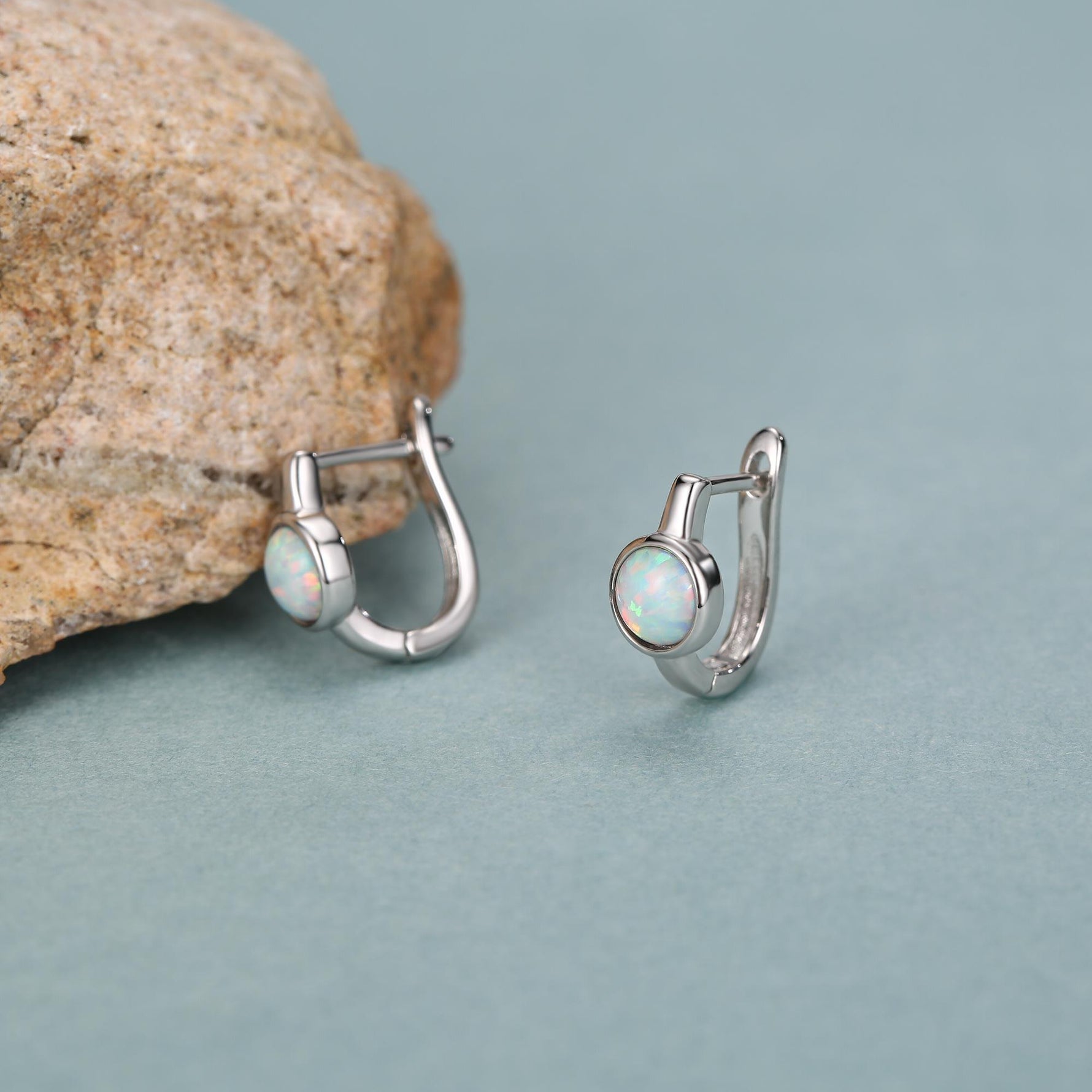 White Opal Huggie Hoop Earrings in Sterling Silver, Silver or Gold, 5mm Opal Lever Hoops, Opal Hoops, Simulated Opal Hoops, Fire Opal Hoops