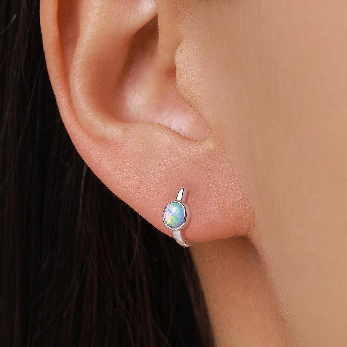 White Opal Huggie Hoop Earrings in Sterling Silver, Silver or Gold, 5mm Opal Lever Hoops, Opal Hoops, Simulated Opal Hoops, Fire Opal Hoops