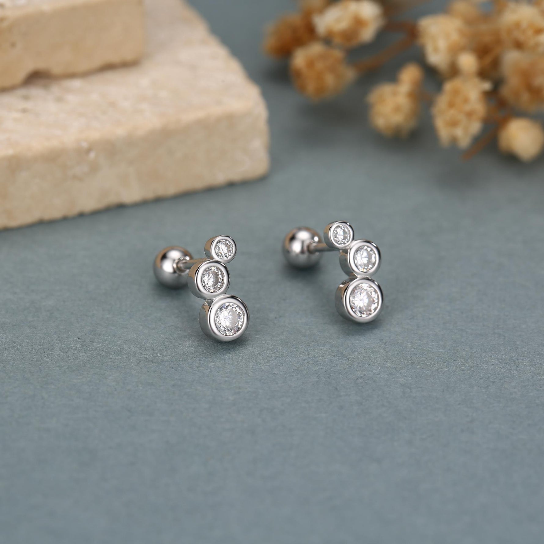 Extra Tiny CZ Trio Screw Back Earrings in Sterling Silver, Silver or Gold, Geometric Tiny Three CZ Bezel Barbell Earrings, Stacking Earrings