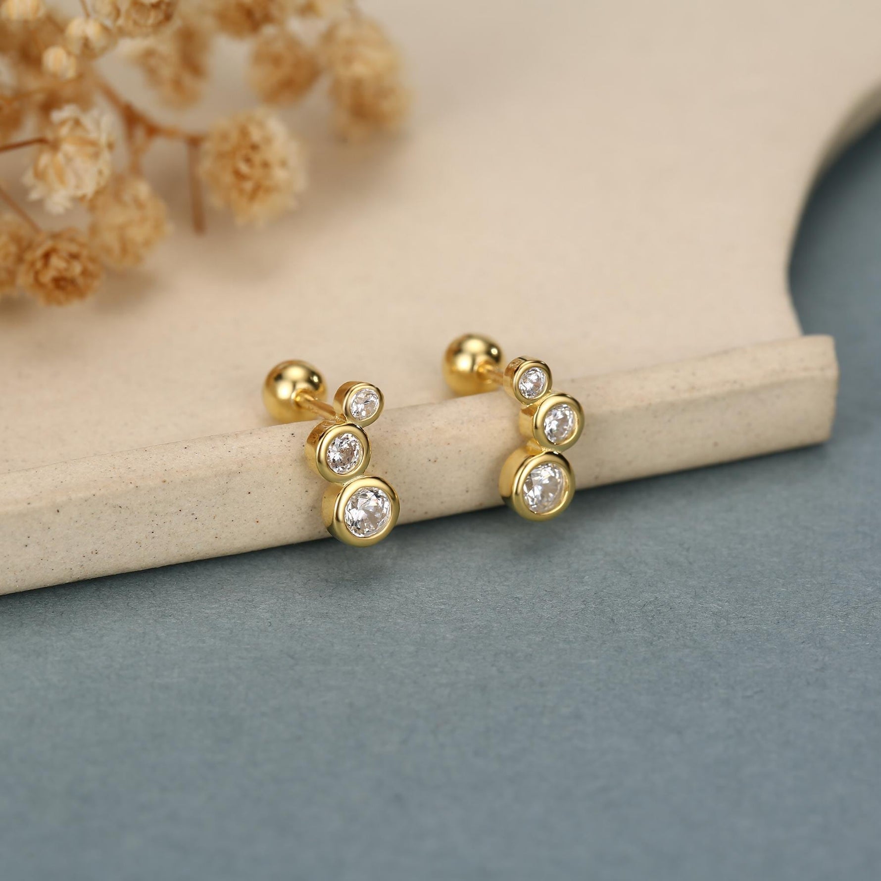 Extra Tiny CZ Trio Screw Back Earrings in Sterling Silver, Silver or Gold, Geometric Tiny Three CZ Bezel Barbell Earrings, Stacking Earrings