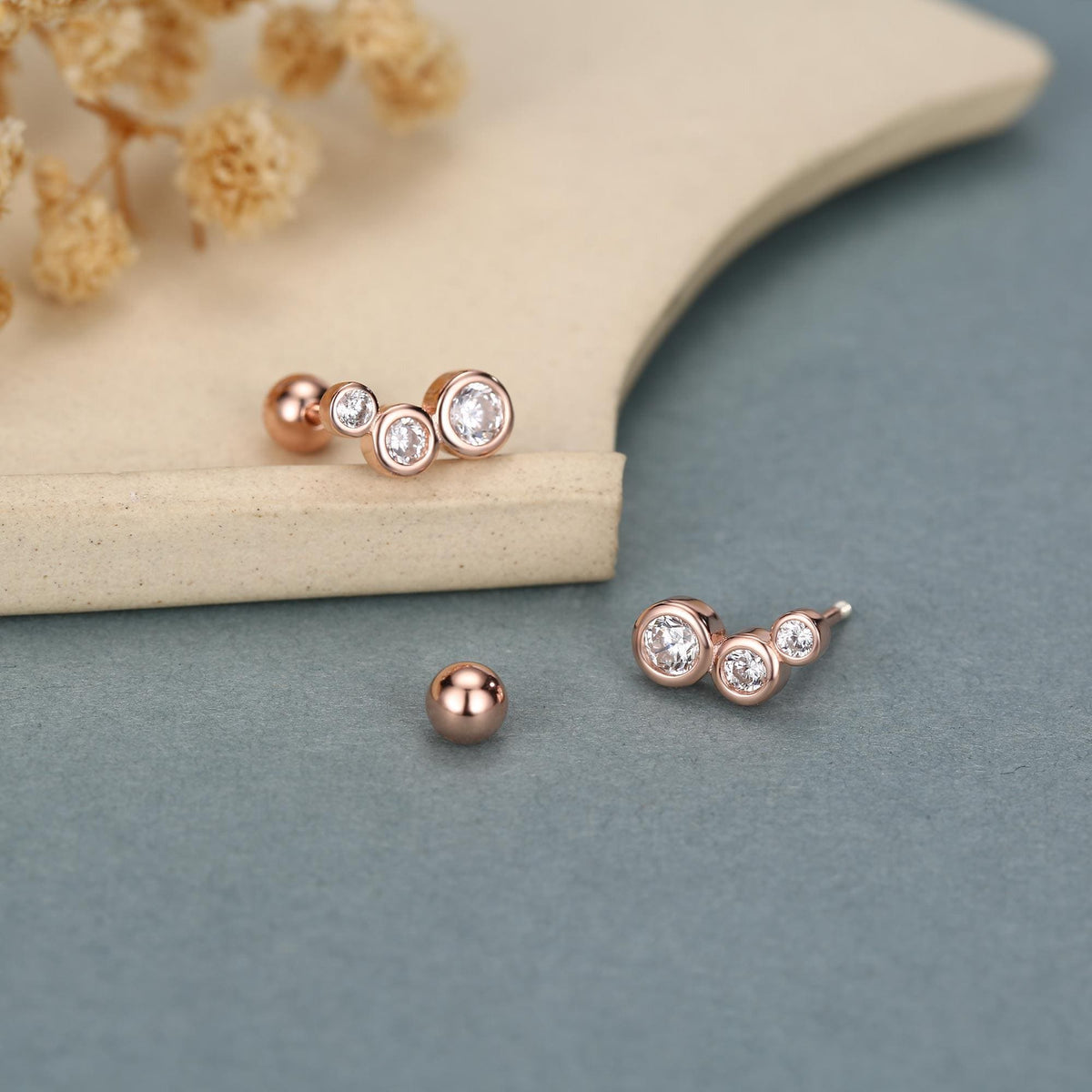 Extra Tiny CZ Trio Screw Back Earrings in Sterling Silver, Silver or Gold, Geometric Tiny Three CZ Bezel Barbell Earrings, Stacking Earrings