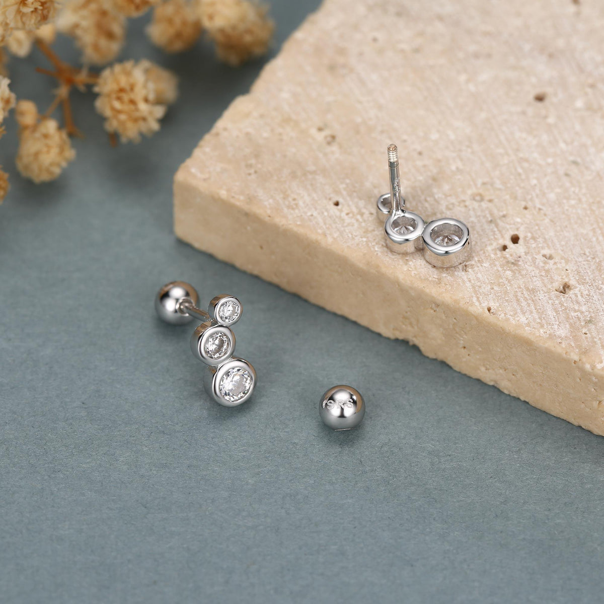 Extra Tiny CZ Trio Screw Back Earrings in Sterling Silver, Silver or Gold, Geometric Tiny Three CZ Bezel Barbell Earrings, Stacking Earrings