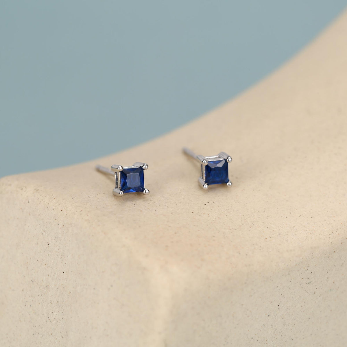 Princess Cut Dark Sapphire Blue CZ Stud Earrings in Sterling Silver, Square Cut Crystal Earrings, Purple CZ, September Birthstone
