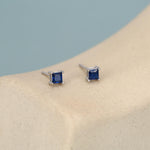 Princess Cut Dark Sapphire Blue CZ Stud Earrings in Sterling Silver, Square Cut Crystal Earrings, Purple CZ, September Birthstone