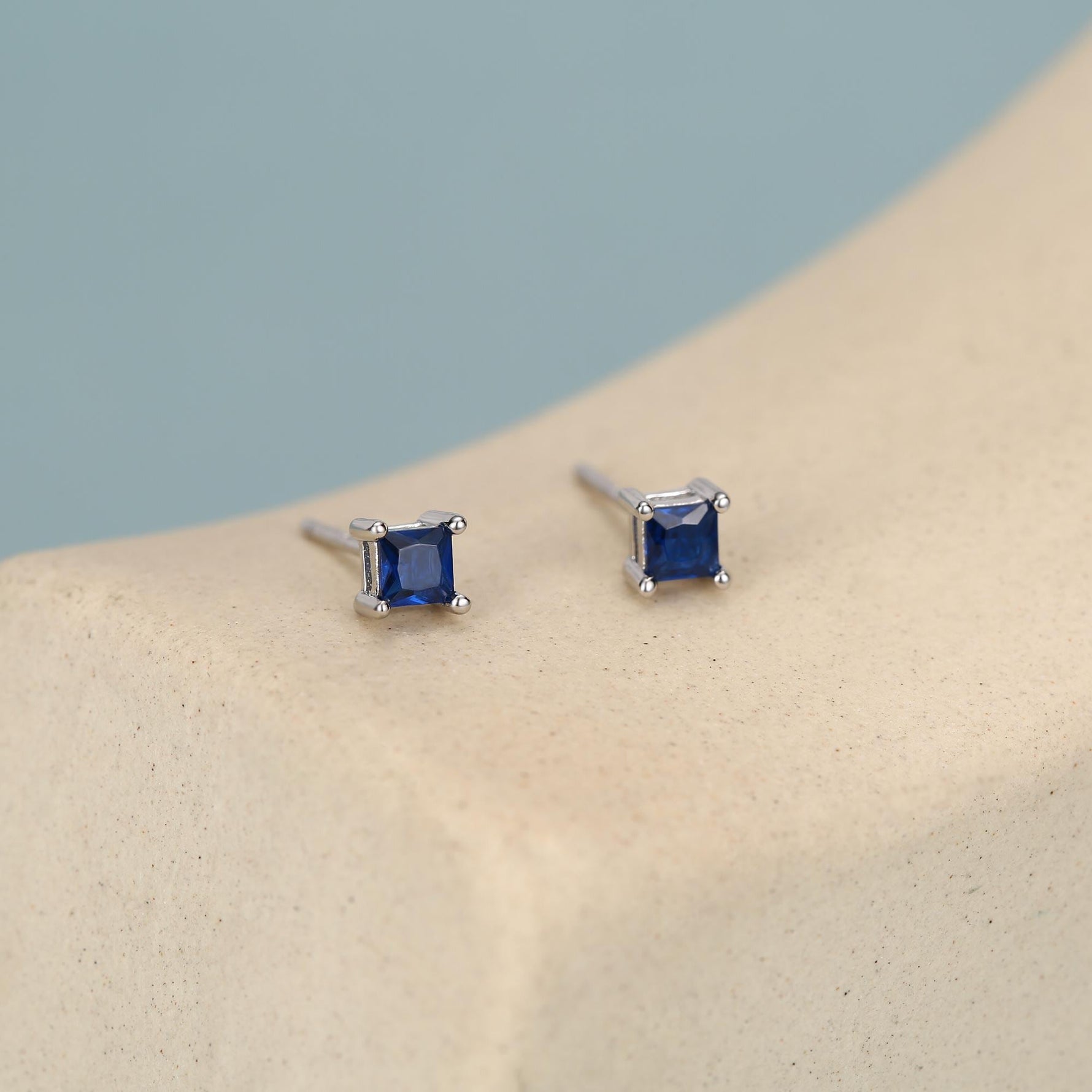 Princess Cut Dark Sapphire Blue CZ Stud Earrings in Sterling Silver, Square Cut Crystal Earrings, Purple CZ, September Birthstone