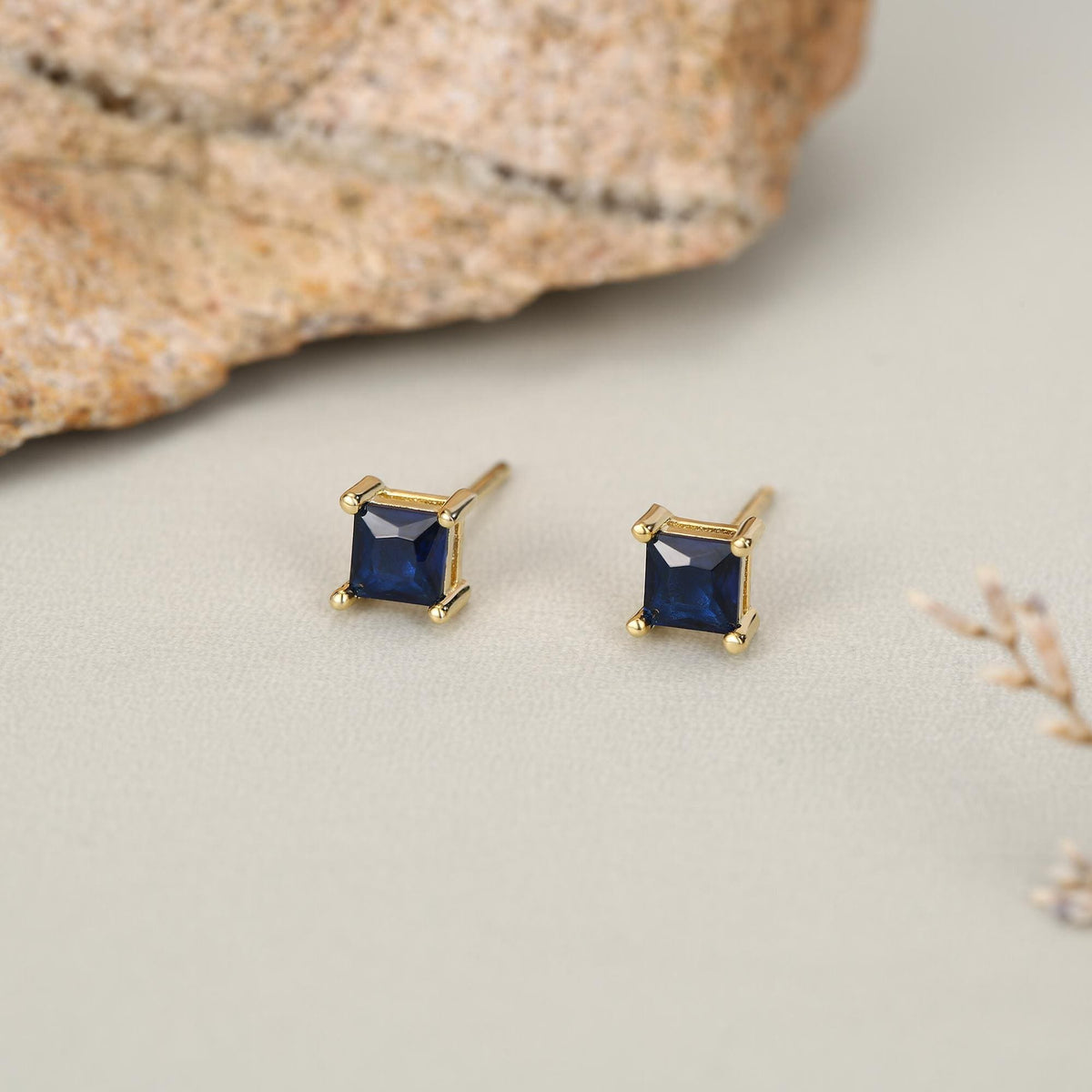 Princess Cut Dark Sapphire Blue CZ Stud Earrings in Sterling Silver, Square Cut Crystal Earrings, Purple CZ, September Birthstone