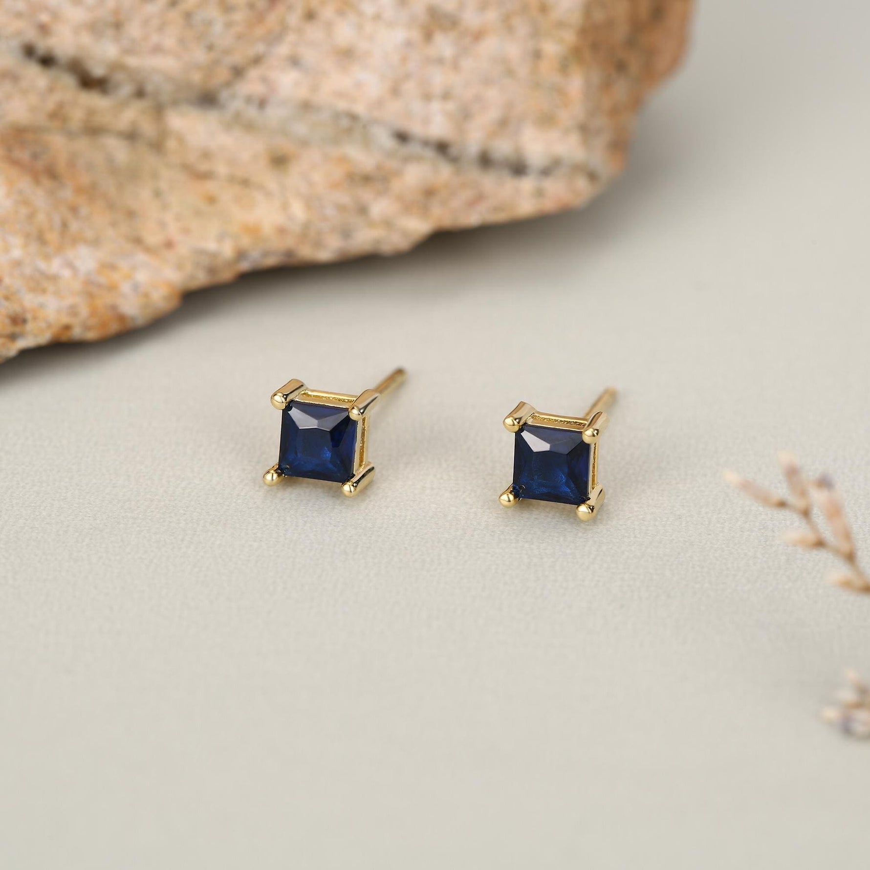 Princess Cut Dark Sapphire Blue CZ Stud Earrings in Sterling Silver, Square Cut Crystal Earrings, Purple CZ, September Birthstone