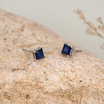 Princess Cut Dark Sapphire Blue CZ Stud Earrings in Sterling Silver, Square Cut Crystal Earrings, Purple CZ, September Birthstone