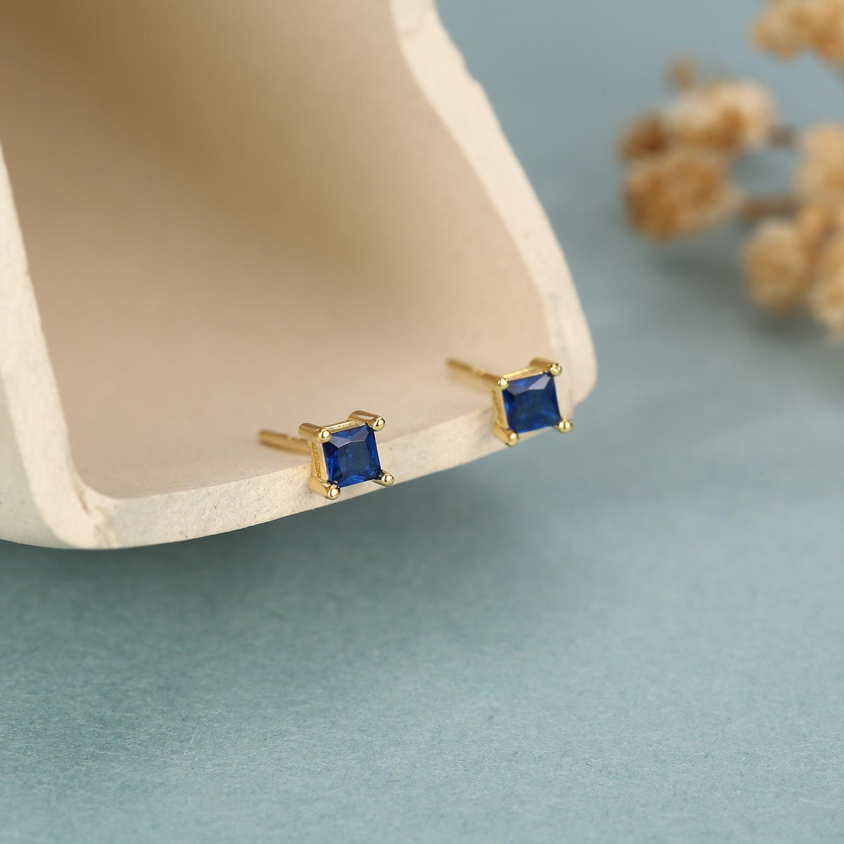 Princess Cut Dark Sapphire Blue CZ Stud Earrings in Sterling Silver, Square Cut Crystal Earrings, Purple CZ, September Birthstone