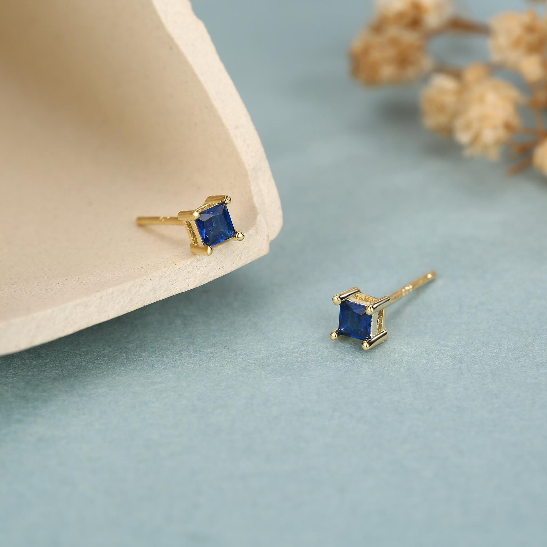 Princess Cut Dark Sapphire Blue CZ Stud Earrings in Sterling Silver, Square Cut Crystal Earrings, Purple CZ, September Birthstone