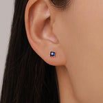 Princess Cut Dark Sapphire Blue CZ Stud Earrings in Sterling Silver, Square Cut Crystal Earrings, Purple CZ, September Birthstone
