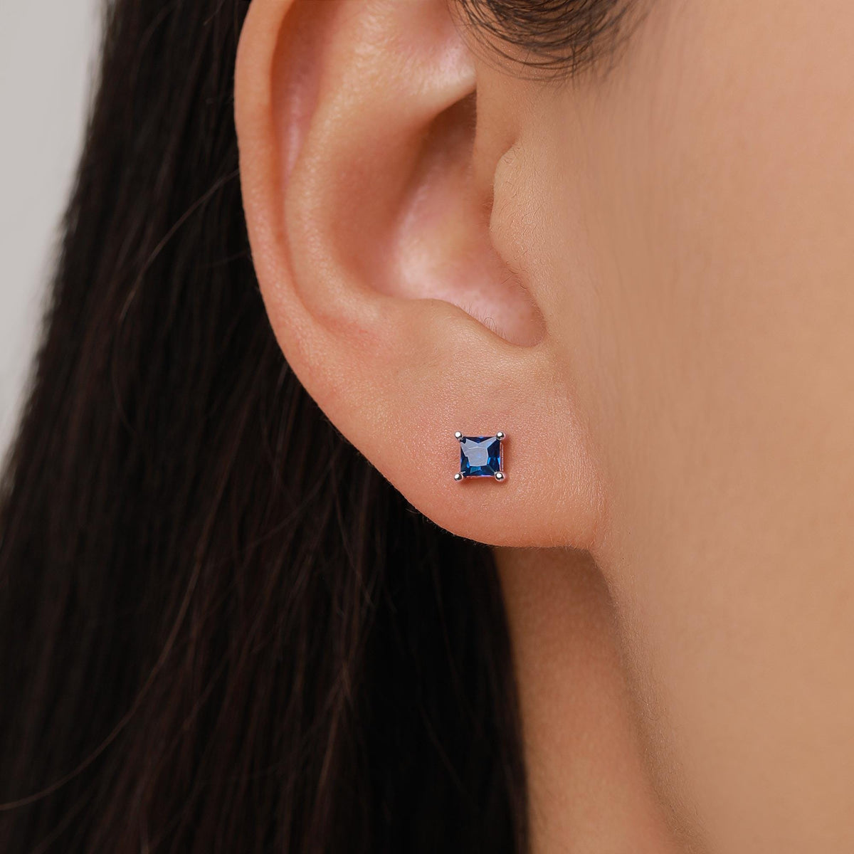Princess Cut Dark Sapphire Blue CZ Stud Earrings in Sterling Silver, Square Cut Crystal Earrings, Purple CZ, September Birthstone