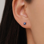 Princess Cut Dark Sapphire Blue CZ Stud Earrings in Sterling Silver, Square Cut Crystal Earrings, Purple CZ, September Birthstone