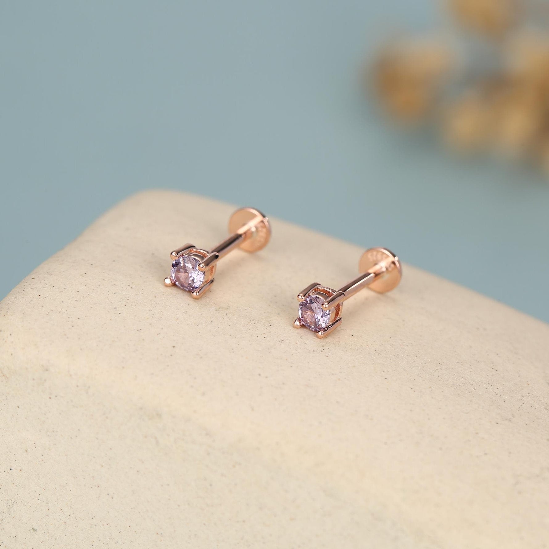 Amethyst Purple CZ 16G Internally Threaded Flat Back Earrings in Sterling Silver
